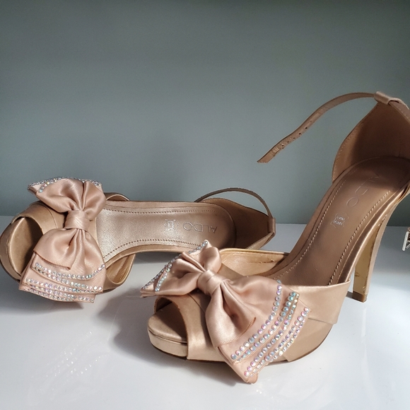 Genuine Leather Satin Heels With Jeweled Bow Detai